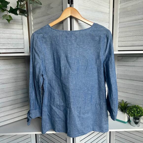 Liz Claiborne Women's Blue Linen Blend Tie Sleeve Cottagecore Blouse Small - Picture 2 of 10